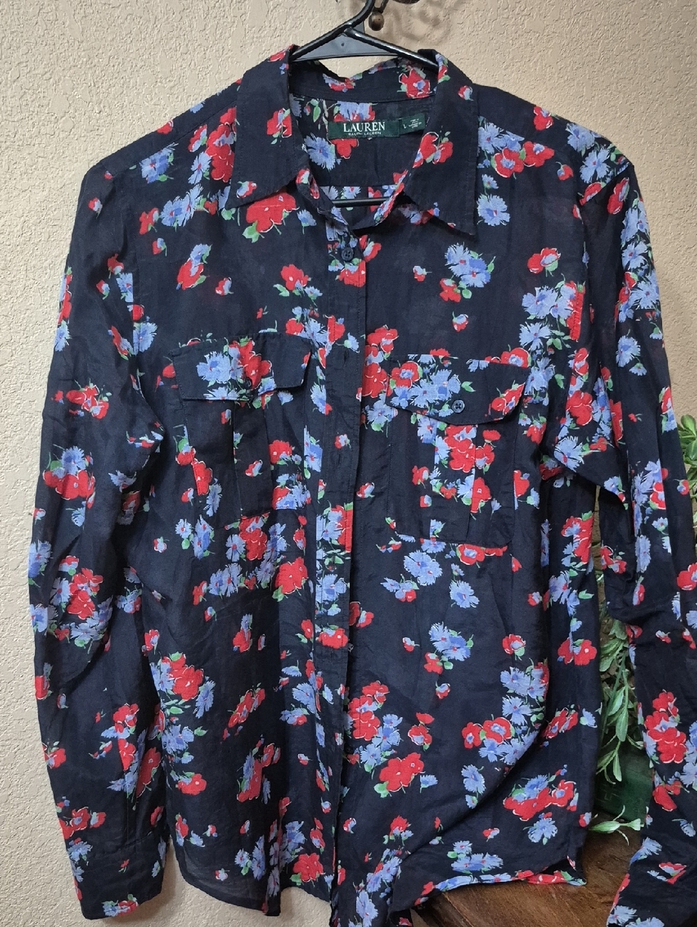 Lauren Ralph Lauren Blue Floral Button-Front Shirt with Red & Blue Blooms
